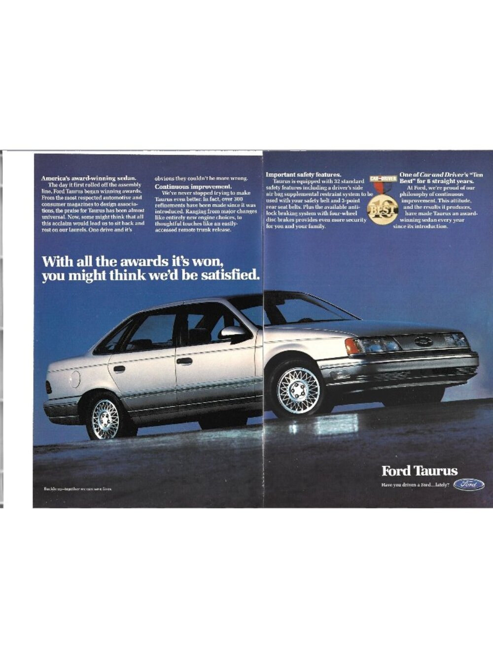 Ford Taurus Award Winning Sedan Retro Print Ad Safety 2 Pages 1990s